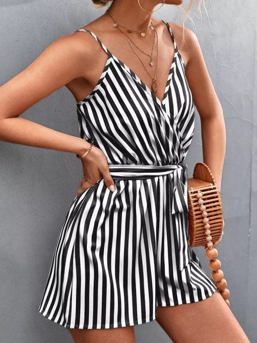 Sleeveless Summer Jumpsuit For Women Casual Stripe Woman Jumpsuit Loose V-Neck Summer Romper Shorts Beach Playsuit Female Outfit