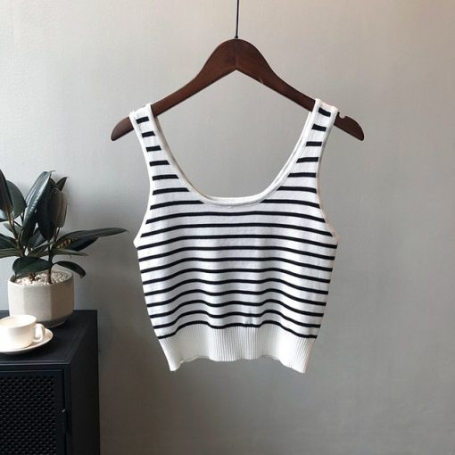 Striped Knitted Crop Camis White Black Summer Casual Women Tank Tops