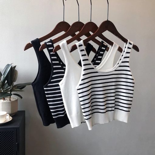 Striped Knitted Crop Camis White Black Summer Casual Women Tank Tops