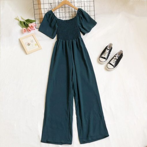 Women’s Solid Color Square Collar Pleated Jumpsuit – Miggon