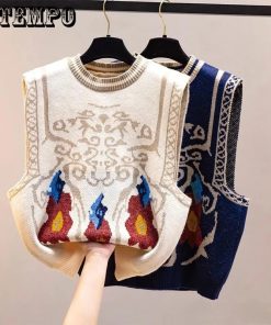 Sweater Vest V-neck Argyle Crop Tops Chic Preppy Style Knitted Students Harajuku Vintage Streetwear Slim Leisure Fashion Women