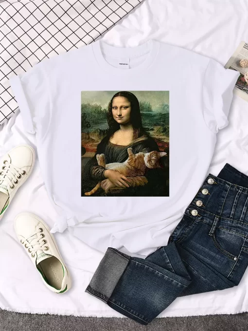 T Shirts Mona Lisa Hugging Cat Lovely Cute Printed T Shirt For Women S Crewneck Gothic.jpg 1