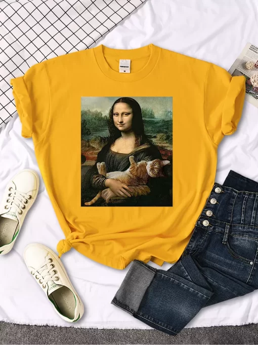 T Shirts Mona Lisa Hugging Cat Lovely Cute Printed T Shirt For Women S Crewneck Gothic.jpg 2