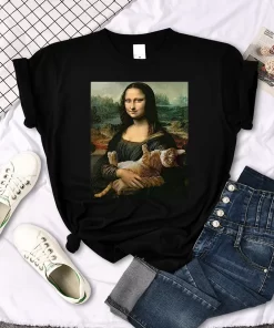 T Shirts Mona Lisa Hugging Cat Lovely Cute Printed T Shirt For Women S Crewneck Gothic.jpg 3