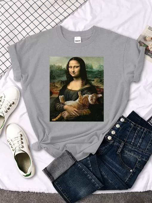 T Shirts Mona Lisa Hugging Cat Lovely Cute Printed T Shirt For Women S Crewneck Gothic.jpg 4