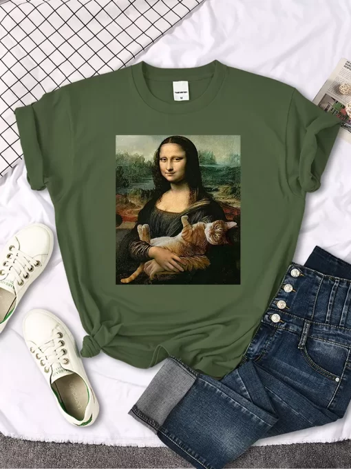 T Shirts Mona Lisa Hugging Cat Lovely Cute Printed T Shirt For Women S Crewneck Gothic.jpg 5