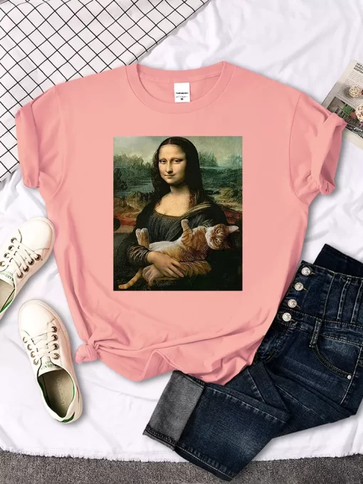 T Shirts Mona Lisa Hugging Cat Lovely Cute Printed T Shirt For Women S Crewneck Gothic.jpg