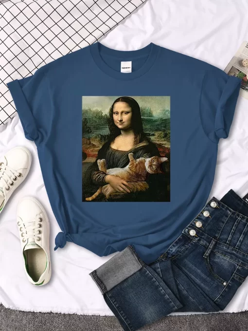 T Shirts Mona Lisa Hugging Cat Lovely Cute Printed T Shirt For Women S Crewneck Gothic.jpg 6