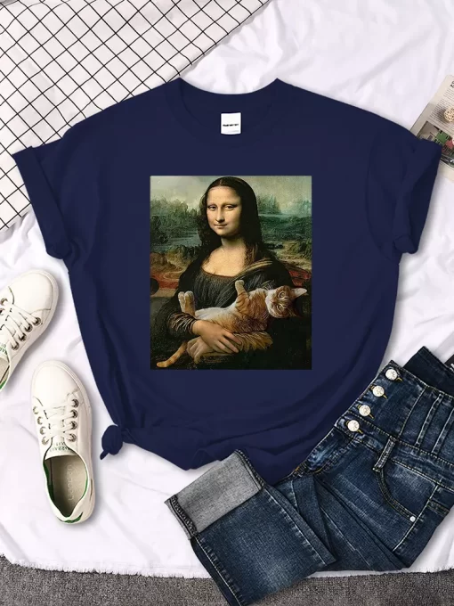 T Shirts Mona Lisa Hugging Cat Lovely Cute Printed T Shirt For Women S Crewneck Gothic.jpg 7