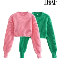 Women’s Fashion Crop Knitted Short SweatersTRAF Women Fashion Cropped Green Knit Sweater Vintage O Neck Long Sleeve Female Pullovers Chic Tops.jpg 2