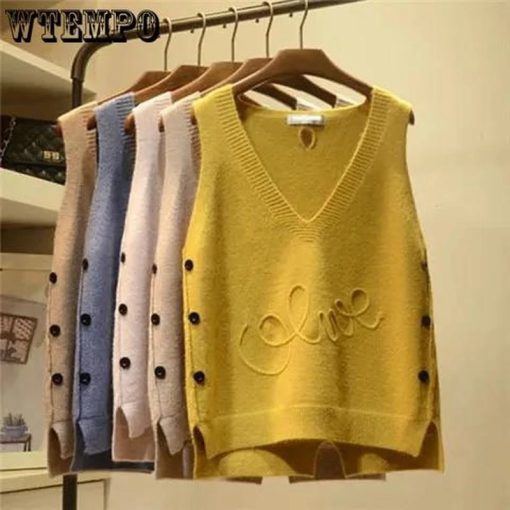 Spring All-match Knit Sweater Vest Jacket Women Plus Size Side Button Sleeveless Outerwear Fall Female Pullover Waistcoat Tops