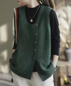 Vintage round neck vest knitted vest women autumn 2022 new style solid color Sleeveless cardigan Sweater Vest Single Breasted
