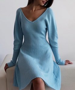 Winter Knitted Long Sleeve Dresses Women Soft Lazy V-neck Sweater Sexy Pit Streaks Flexible Ladies Vestidos Clothes