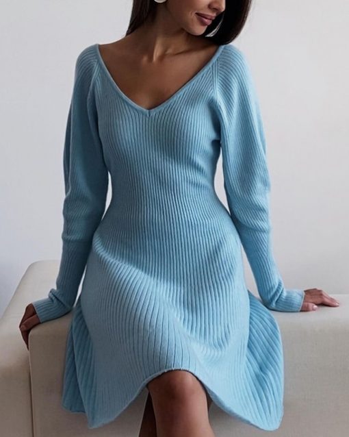 Winter Knitted Long Sleeve Dresses Women Soft Lazy V-neck Sweater Sexy Pit Streaks Flexible Ladies Vestidos Clothes