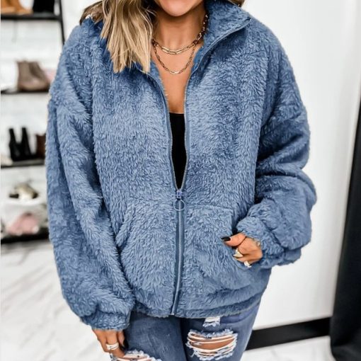Warm Sweatshirts for Womens Jacket Teddy Bear Fuzzy Fleece Zip Up Stand Collar Coat Winter Clothes Solid Color Soft Clothes 2022