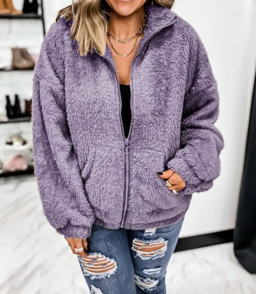 Warm Sweatshirts for Womens Jacket Teddy Bear Fuzzy Fleece Zip Up Stand Collar Coat Winter Clothes Solid Color Soft Clothes 2022