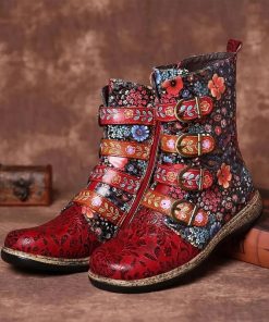 Women Boot Retro Printed Metal Buckle Leather Boots Women Zipper Mid Calf Boots Fashion Ladies Shoes Female