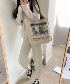 Women Canvas Shoulder Bag London Books Print Ladies Casual Handbag Tote Bag Reusable Large Capacity Cotton Shopping Beach Bag