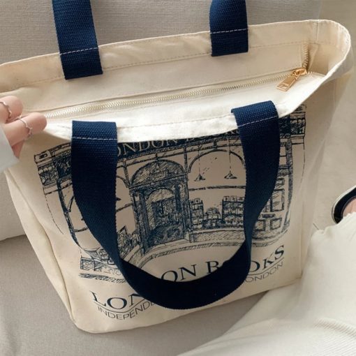 Women Canvas Shoulder Bag London Books Print Ladies Casual Handbag Tote Bag Reusable Large Capacity Cotton Shopping Beach Bag