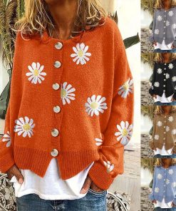 Women Daisy Knitted Sweater Loose Oversize Autumn Winter Jumper Cardigan Thick Casual Warm Cropped Sweater Button