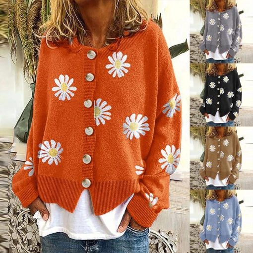 Women Daisy Knitted Sweater Loose Oversize Autumn Winter Jumper Cardigan Thick Casual Warm Cropped Sweater Button