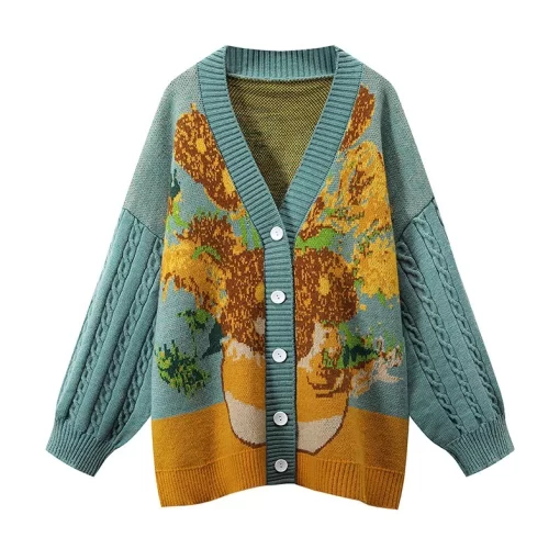 Women Knitted Cardigan Van Gogh Sweater 2021 Autumn Winter Retro Gentle Floral Printed Jacquard V Neck Female Top 1