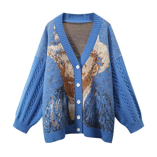 Women Knitted Cardigan Van Gogh Sweater 2021 Autumn Winter Retro Gentle Floral Printed Jacquard V Neck Female Top