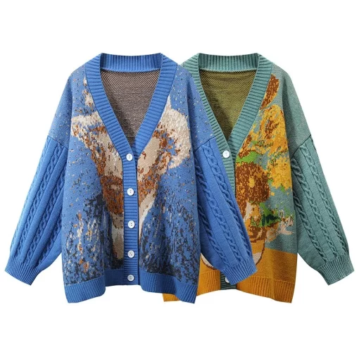 Women Knitted Cardigan Van Gogh Sweater 2021 Autumn Winter Retro Gentle Floral Printed Jacquard V Neck Top