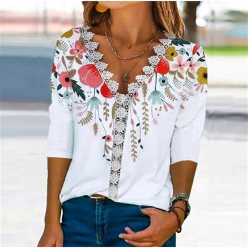 Women Print Shirts Winter Vintage Spring Autumn Lace Tees Strip Button Patchwork Blouse Top Loose Casual Full Long Sleeve Tops