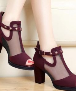 Women Pumps High Thick Black Heels Ladies Shoes Rivet Mesh Zipper Open Toe Casual Party Wedding Platform Chunky Sandal