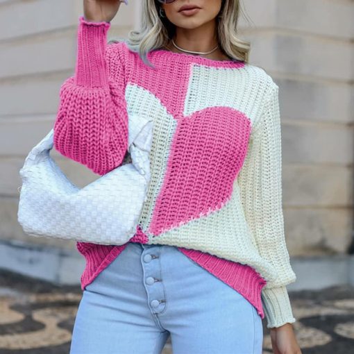 Women Sweater Autumn Winter Ladies Elegant O Neck Love Print Patchwork Knitted Sweaters Fashion Long Sleeve Casual Loose Sweater