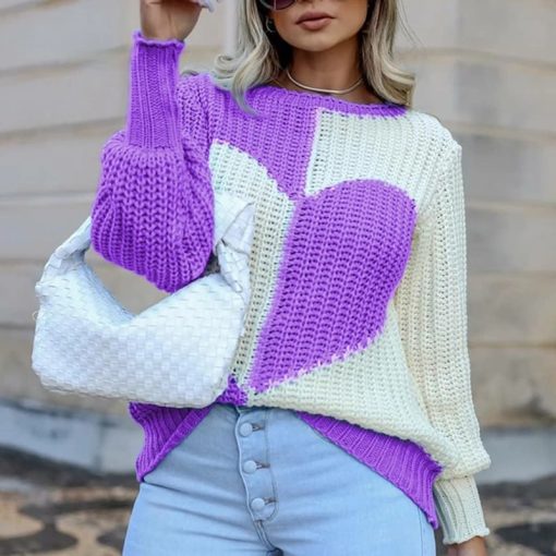 Women Sweater Autumn Winter Ladies Elegant O Neck Love Print Patchwork Knitted Sweaters Fashion Long Sleeve Casual Loose Sweater
