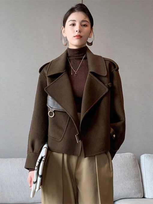 Women's Autumn Coat 2022 Pockets Solid Loose Short Jackets Ladies Wool & Blends High Street Spring Woolen Coats for Women