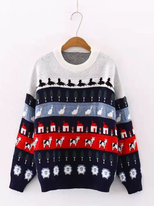 Women's Y2K Kawaii Sweaters Cute Cartoon Animal Sweet Oversized Sweater Loose Warm Winter Jumpers Long Sleeve Knitted Pullovers