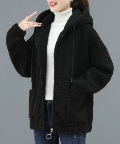 Women's autumn and winter jackets fashion casual artificial lamb wool coat stitching hooded zipper ladies Korean coat women