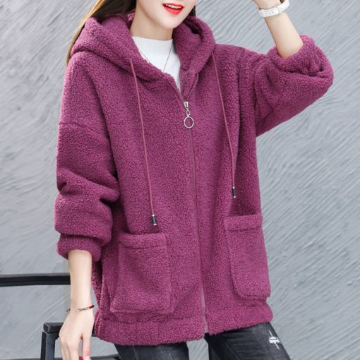 Women's autumn and winter jackets fashion casual artificial lamb wool coat stitching hooded zipper ladies Korean coat women