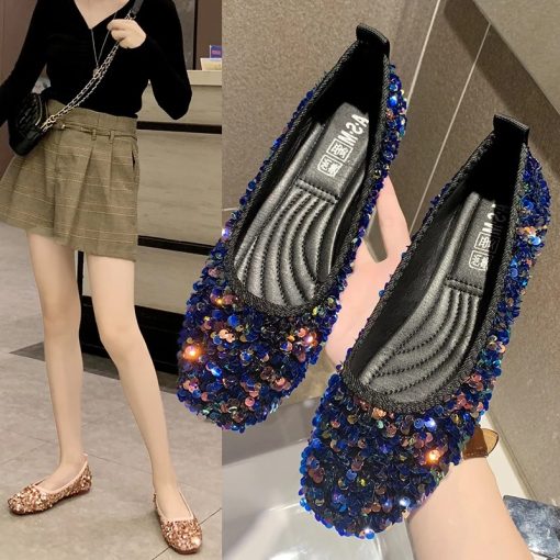 Women's shoes new spring and autumn shoes shallow mouth set of flat shoes women's bean shoes women's sequins single shoe woman