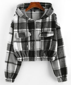 Stylish Pockets Plaid Flannel Hooded Zip Jacket Drop Shoulder Short Zip Up Women Fashion Outerwear Chic Tops