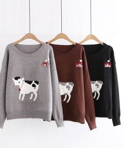 Women’s Cute Cow Pattern Sweatersmain image02020 New College style autumn and winter clothing sweet Candy colors Cute Cow pattern women sweater