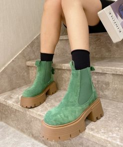 AUTO-DRAFTmain image0Autumn Chelsea Boots Women s Shoes Retro Slip On Ankle Boots Thick High Heels Cow Suede