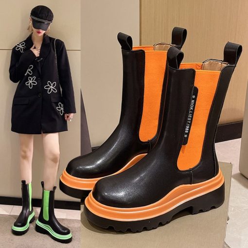 Women’s Chunky Platform Ankle Bootsmain image0Chunky Platform Orange Ankle Boots for Women Autumn 2022 Mix Color Chelsea Boots Woman Pu Leather