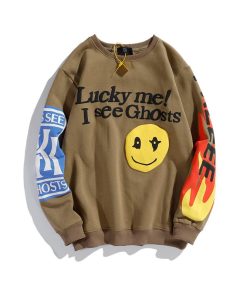 Unisex Lucky Me I See Ghosts Sweatshirtsmain image0Harajuku Retro Smiley Flame Print Round Neck Sweatshirts Men and Women Plus Velvet Streetwear Fleece Hoodie