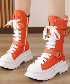 Women’s Lace Up Chunky Platform Mid Calf Canvas Bootsmain image0Rimocy Orange Canvas Mid Calf Boots Women 2022 Autumn Lace Up Chunky Platform Boots Woman Thick