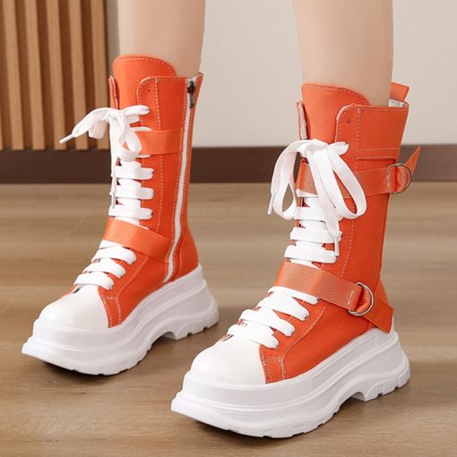 Women’s Lace Up Chunky Platform Mid Calf Canvas Bootsmain image0Rimocy Orange Canvas Mid Calf Boots Women 2022 Autumn Lace Up Chunky Platform Boots Woman Thick