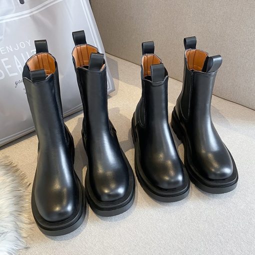 Women’s Fall Winter PU Leather Plush Black Boots – Miggon
