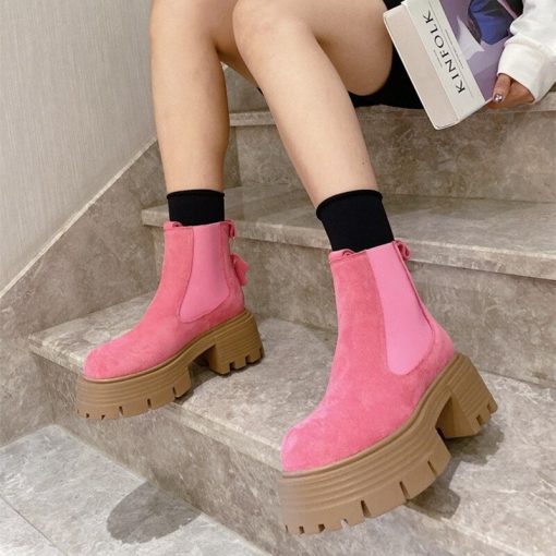 AUTO-DRAFTmain image1Autumn Chelsea Boots Women s Shoes Retro Slip On Ankle Boots Thick High Heels Cow Suede