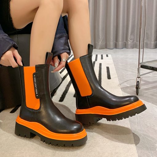 Women’s Chunky Platform Ankle Bootsmain image1Chunky Platform Orange Ankle Boots for Women Autumn 2022 Mix Color Chelsea Boots Woman Pu Leather