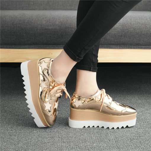 Women’s Patent Leather Stars Platform Casual Shoesmain image22022 Autumn Women Patent Leather Stars Flat Platform Casual Shoes Fashion Lace Up Brogue Shoes Footwear