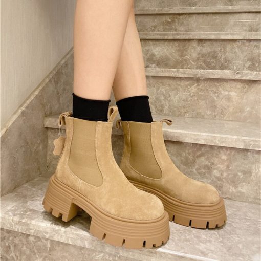 AUTO-DRAFTmain image2Autumn Chelsea Boots Women s Shoes Retro Slip On Ankle Boots Thick High Heels Cow Suede
