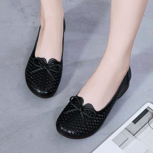 main image2Green Womens Flats Bow Knot Women s Loafer Cut Out Summer Breathable Slip On Shoes Woman